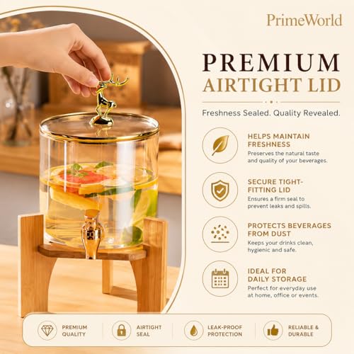 Image of PrimeWorld 1 Pc 2.6 LTR Glass Water Beverage Dispenser with Wooden Stand - Air Tight Lid Glass Pitcher for Detox Water - Mason Jar - Counter Table Top Juice Beer Dispenser for Home Restaurant Party