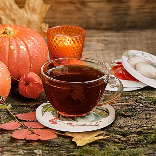 Whaline Fall Pumpkin Coaster Autumn Round Drink Coasters Absorbent Natural Ceramic Coasters Pumpkin Cup Mat for Mugs Cups Home Kitchen Office Thanksgiving Party Table Decoration Supplies, 4 Pack - Image 3