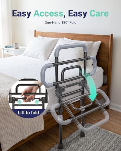 Bed Rails for Elderly Adults Safety, 180° Foldable Bed Rail with Adjustable Height & Width, 350lb Load, Extra-High Design, Wide Base, LED Light & Storage Pockets – Fits King/Queen/Full/Twin Beds - Image 3