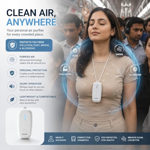 Image of RAIRE M1 Portable Wearable Air Purifier | Personal Air Purifier for Dust, Smoke & Pollution | Fileterless Design | 180-Hour Battery Backup | USB Type-C Rechargeable