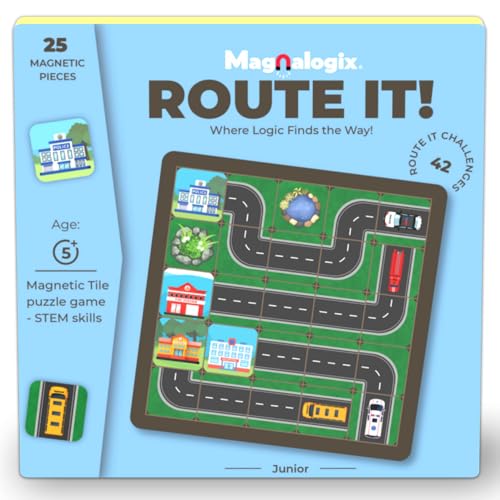 Image of Magnalogix Route It Magnetic Logic Game for Kids 5-8 Years Old - Brain Teaser Puzzle & Strategy Board Game | Screen-Free Educational STEM Toy for Boys & Girls | 5x5 Grid Path Building Travel Game