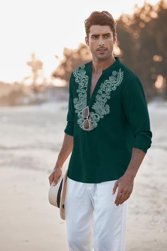 Image of FINIVO FASHION Men's Cotton Blend Short Kurta with Full Sleeves and Ethnic Neck Design | Casual Crinkle Texture Kurta with Mandarin Collar