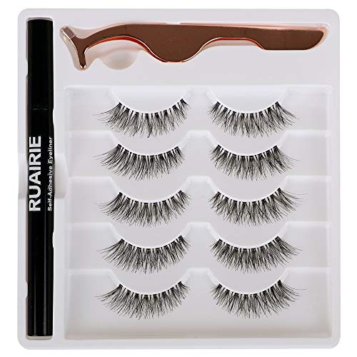 False Eyelashes with Eyeliner, Lash Glue Liner with Demi Wispy Lashes Pack Magic Eyeliner Pen Self-adhesive -No Glue No Magnet Needed-Strong Hold for Natural False Lashes
