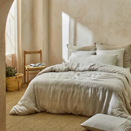Image of mixinni 3 Piece Striped Duvet Cover Set, Neutral Washed Cotton Linen Blend Bedding, Vintage Stripe Comforter Cover with 2 Pillowcases, Soft Breathable Farmhouse Bed Set for All Season-Queen Size