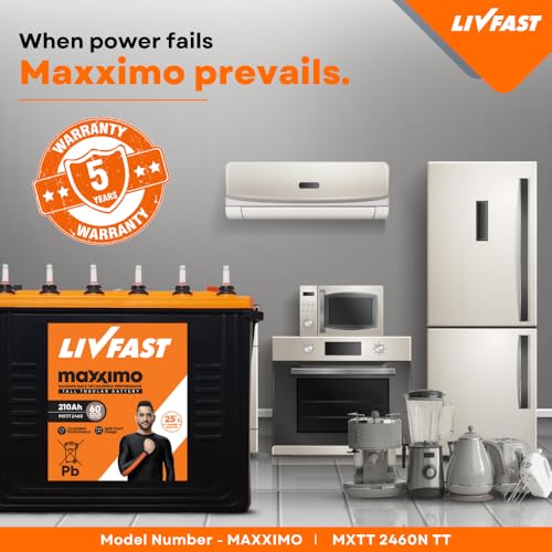 Image of Livfast Maxximo Tall Tubular High-Performance Battery MXTT 2460N | 210 Ah | 60 Months Warranty | High Capacity, Long Lasting Power Backup for Heavy Appliances