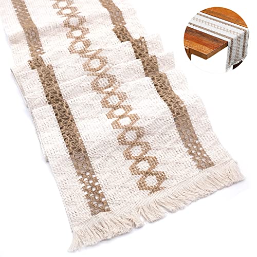 INHEMING Macramé Chemin de Table avec Pompon en Coton et Lin ,Style Bohème,Beige,Lavable, Décoration de Table pour Mariage,Salle à Manger, Restaurant, Banquet, Noël Fête - 30 x 120 cm Cover