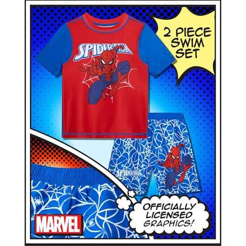 Image of Marvel Boys Rash Guard Set 2 Piece Hulk Spiderman Swim Shirt & Swim Trunks