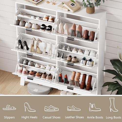 Image of HUANLEGO Shoe Cabinet Storage for Entryway with 6 Flip Drawers, Fluted Narrow Shoe Organizer with Wooden Legs, Freestanding Slim Shoe Storage Hidden Shoe Rack Organizer for Front Door Entrance, White