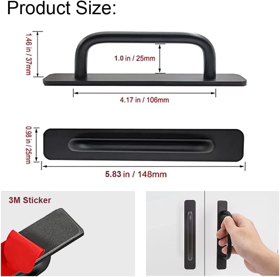 Image of Adhesive Cabinet Handles, Self-Stick Instant Cabinet Handles Alloy No Drilling Push Pull Handles Helper for Kitchen Cabinet Drawer Window Sliding Closet (Black, 2 Pcs)