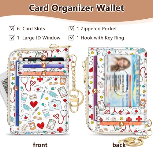 Image of GIANCOMICS Slim Wallet Credit Card Holder Women, Nurse Rfid Blocking Small Card Case, Keychain Thin Pocket Curved Zipper Wallet, Travel Card Holder PU Leather ID Window, Ladies Female Gifts