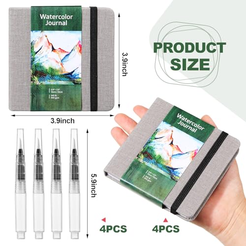 Image of Dispowreath 4 Set Watercolor Sketchbook Journal with Watercolor Brush Pens 300 GSM Cotton Paper Portable Square Small Pocket Notebook Travel for Painters Art Supplies (3.9 x 3.9 Inch)
