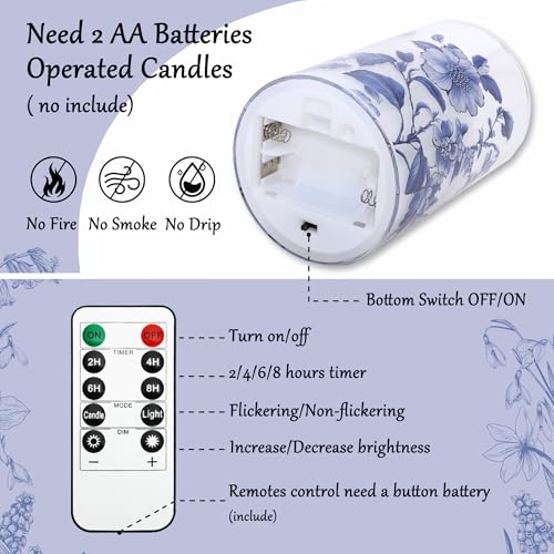 Image of Flameless Candles Glass with Remote Control & Timer Function, Blue and White Porcelain Theme Design, Home Party Wedding Christmas Valentine's Day Decor, Set of 3