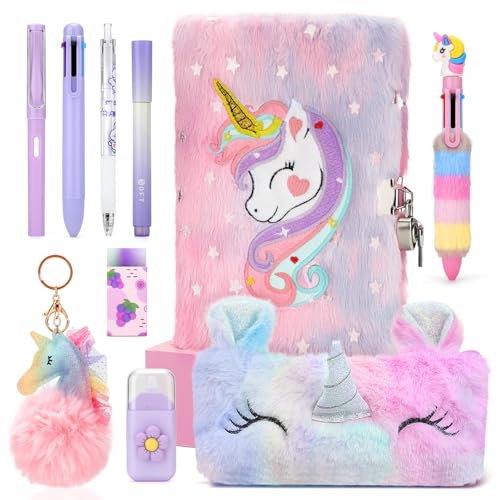 Cooyou Plüsch Einhorn Tagebuch mit Schloss Mädchen, Plüsch Notizbuch Set & Einhorn Tagebuch für Kinder, Geschenke für Mädchen 4 5 6 7 8 9 10 11 12 Jahre