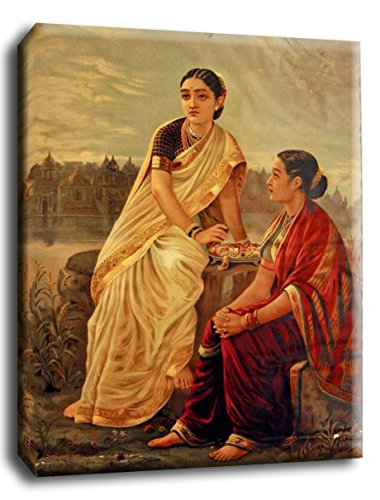 Image of Tallenge - Radha with Sakhi - Raja Ravi Varma Mythology Collection - Medium Gallery Wrap - Framed (18 x 24 inches)