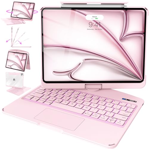 Image of Intermerge for iPad Air 11 inch Case with Keyboard Transparent(M4 /M3 /M2, 2026 /2025 /2024) & Air 5 /4 Gen, 360 Rotating Multi-Touch Trackpad, 7-Color Backlit Keyboard, Pencil Holder - Pink