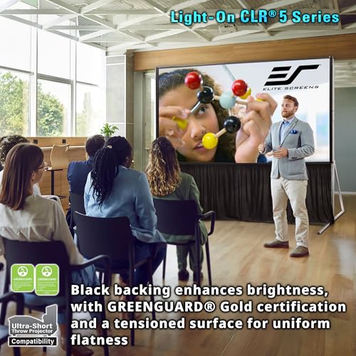 Image of Elite Screens Light-On CLR5 UST Projector Screen, Ceiling Light Rejecting ALR Screen for Ultra Short Throw Projectors, Folding Frame with Adjustable Height Legs, Carry Bag & Skirt, LPS124H-CLR5