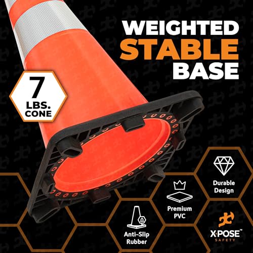 Image of Xpose Safety 28 inch Orange Traffic Cones, 24-Pack, 6 inch & 4 inch Collar