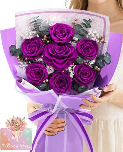 Forever Rose Flowers for Delivery, Valentines Day Gifts for Her Women, 7-Piece Purple Preserved Roses Flowers Bouquet with Vase Gift Box, Long-Lasting Flower Bouquet for Women Wife Mom Valentines Day