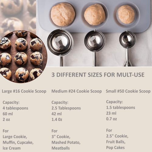 Image of Ice Cream Scoop, 3Pcs Cookie Scoop Set, Stainless Steel Cookie Scoops for Baking Set of 3, Cookie Scooper for Baking, Ice Cream Scooper with Trigger Release, Cookie Dough Scoop