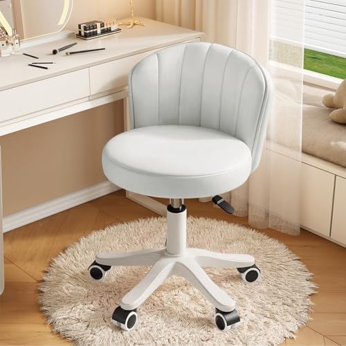WXJHL Silla Pequeña Redonda Deslizante para Escritorio Sin Brazos Cómoda Silla de Maquillaje y Computadora con Respaldo Bajo de Cuero PU Ajustable en Altura Giratoria para Trabajo y SPA