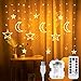 LED Sterne Mond Lichterketten Lichtervorhang 3.5M 138 LED 8 Modi Stern Mond Vorhang Lichter mit Fernbedienung, Wasserdicht Fenstervorhang Lichter Batterie & USB für Ramadan, Weihnachten, Fenster