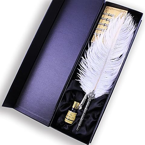 Featty Gifts Natural White Ostrich Plume Dip Quill Pen Set,Retro Crown Penholder and Crave Pattern Penstand Stem,Writing Feather Pen for Party Cover
