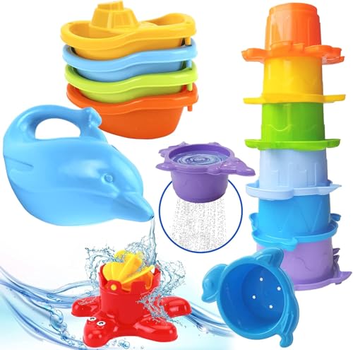 Image of TECHNOK Baby Bath Toys for Toddlers - 12 pcs Rainbow Stacking Cups Baby Toy with Bath Boats Train and Toddler Watering Can - Stackable Plastic Bath Toys - Sea Animal Shapes Bath Toy for Girls and Boys