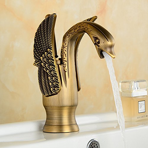 BASSINO Brass Swan Shape Bathroom Sink Wash Basin Mixer Tap Single Handle Hot & Cold Waterfall Lavatory Sink Faucet for Living Room & Bathroom (Antique Tap)