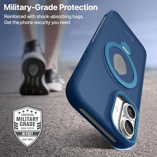 Image of eller sante Maximus Back Cover Case for iPhone 16 Plus with Magnetic Alloy Ring Metal Kickstand Camera Protector TPU Shockproof 10ft Drop Protection Compatible with Mag-Safe- Blue