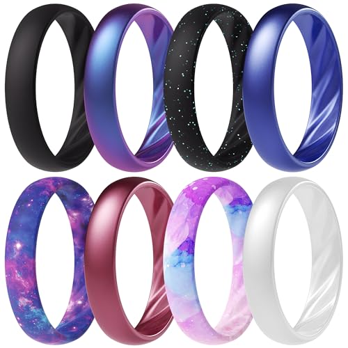 ThunderFit Silicone Rings for Her, Elegant Wavy Grooves, 4mm Wide, 1.6mm Thick, Breathable, Women's Wedding Rubber Engagement Rings, 8-Pack