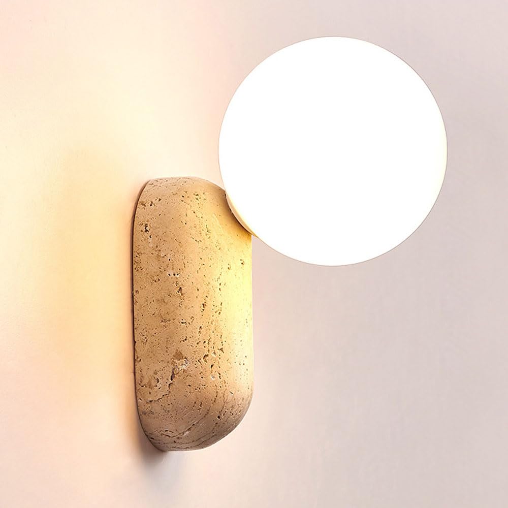 HEBXMF Creative Yellow Travertine Wall Light, Wabi Sabi Style Wall Sconce, Round Glass Lampshade, Natural Stone Interior Wall Lamp, Bedroom Living Room Dressing Table.