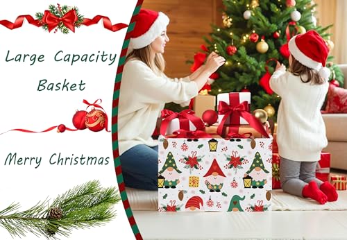 Image of Large Christmas Gifts Empty Baskets Kids Collapsible Holiday Storage Bin with Handle (Gnome Red Flower)