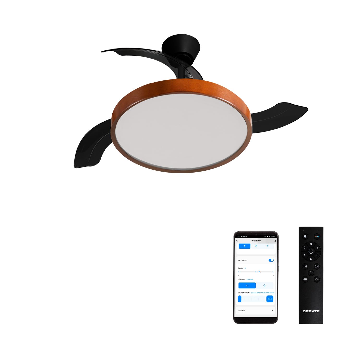 CREATE / WIND CLEAR STUDIO M/Ventilador de techo con luz negro y madera oscura con Wifi y mando / 40W, Temporizador, Ø 108 cm, aspas retráctiles, 3 temperaturas de luz, función verano-invierno