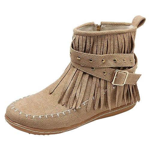 Women's Western Cowboy Boots, Fringe Faux Suede Boots Retro Round Toe Fringe Buckle Strap Ankle Boot Low Heel Rome Flat Shoes Tassel Knight Booties Shoes