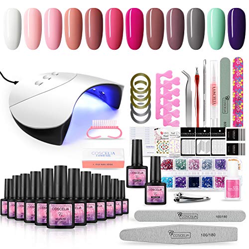 Saint-Acior 36W Secador de Uas Lmpara LED/UV Profesional Maquillaje Uas con Temporizador 12PCS Esmalte Semipermanente Soak off 8ml Top Coat Base Coat Kit de Manicura