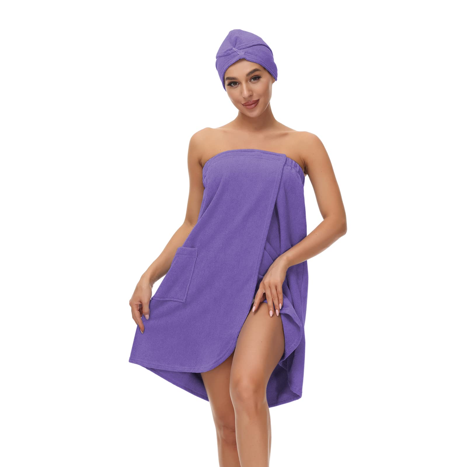 Verve Jelly Women Bath Wrap Towel Cover Up for Shower Super Soft Lightweight Robe with Hair Towel Light Purple S - Image 4