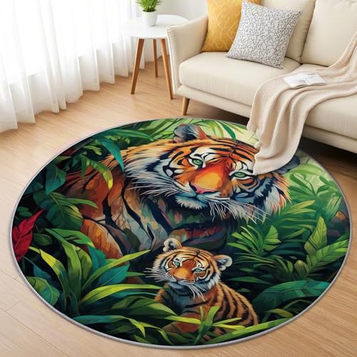 AevuCub Tiger Teppich Rund 60 cm Kurzflor - Waschbare Teppiche Wohnzimmer Wilde Tiere Dschungeltiere - Runder Teppich 60 cm Durchmesser Kinderzimmer - Bettvorleger Schlafzimmer rutschfest Weich