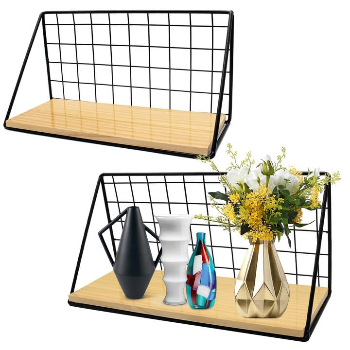 FANWINKJ Juego de 2 estanterías de pared de metal flotantes con tabla de madera para baño, cocina, salón, oficina – Estantería colgante de pared para decoración y almacenamiento