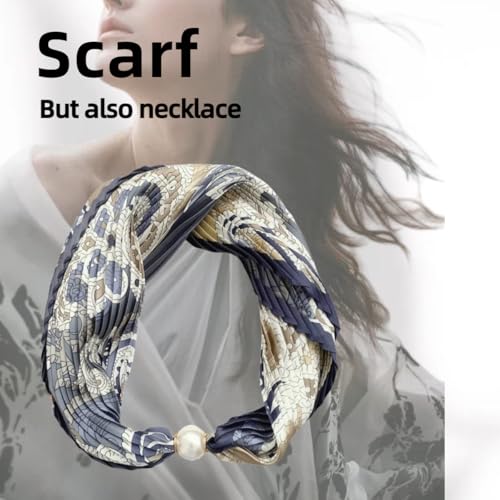 Women’s Silk Necklace Head Scarf with Charm Silk Bandana Buckle Satin Square Clavicle Chain Retro Paisley Floral4