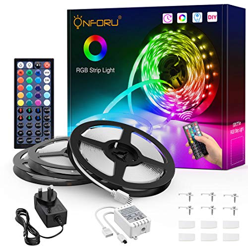 Onforu 15m LED Strip Lights Kit, RGB Colour Changing Lighting Strip with 44 Keys Remote and Timing, 450 Units 5050 RGB LED Rope Light, Strong Self-Adhesive, Multicolour Tape Light for Party, Bedroom
