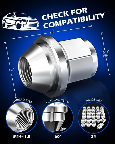Image of Orion Motor Tech M14x1.5 Lug Nuts, 13 /16 Inch Hex Cone Seat Wheel Lug Nuts Compatible with Ford F150 Expedition Lincoln Navigator 2015-2020, Set of 24, Chrome
