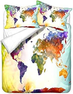 3D Bedding set World Map Modern Vintage Retro Blue Navy Yellow White Khaki Duvet Cover and Pillowcase Microfiber Soft and Breathable (Style 1,Double 200x200 cm)