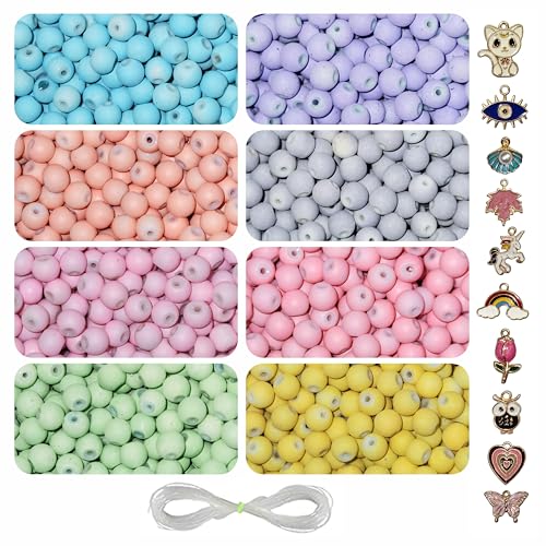 Image of 10 Pcs Charms + 225 Pcs Pastel Glass Beads for Jewellery Making Kit - Glass Beads for Bracelet Making Kit - Bead Craft - 8mm