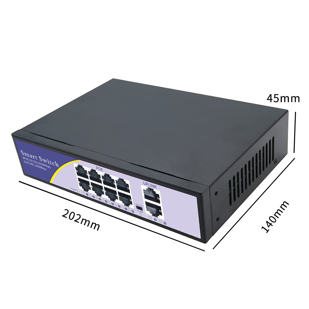 Diagram showing the physical dimensions of the KuWFi switch: 202mm length, 140mm width, 45mm height.