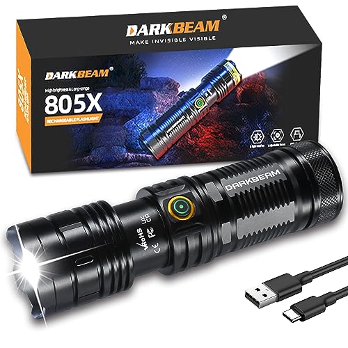 DARKBEAM Linterna LED alto Lumen 950000lm súper brillante linterna de emergencia recargable usb - C potente, modo 5 se puede enfocar en flash, impermeable, larga vida, camping al aire libre
