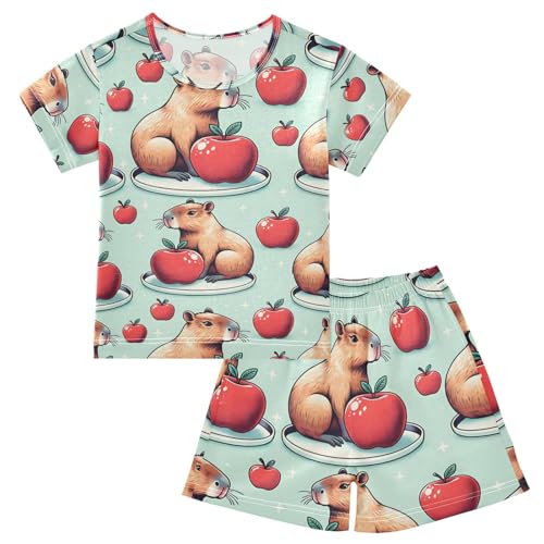 ALAZA Capybara Red Fruit Pajamas Short Sleeve 2 Piece Sleepwear Top and Bottom Pajama Set Unisex