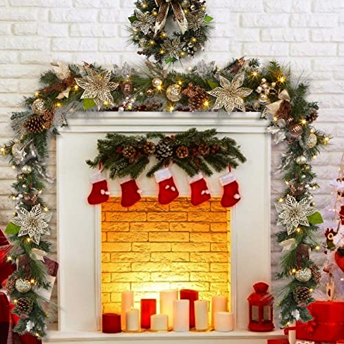 6ft Gold Christmas Garland with Lights, Lighted Xmas Garland with Golden Brown Ball Ornaments, Pre-Lit Christmas Garland Decorations for Indoor Outdoor Mantal Fireplace Banister Porch Decor