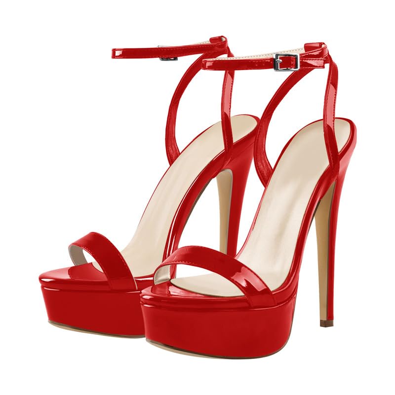 onlymakerheels Platform Stiletto High Heels for Women, Round Open Toe Ankle Strap Sexy Heeled Sandals for Wedding Party Dress: 5 Red