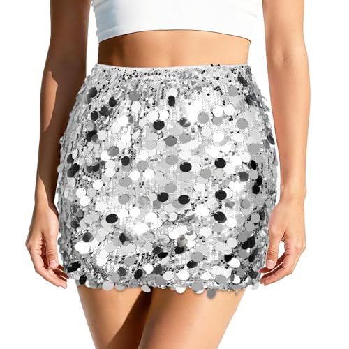 XquiziFit Paillettenrock Mini für Damen Glitzernder Sexy Micro Rock Party Oder Nachtleben Silber Mittel