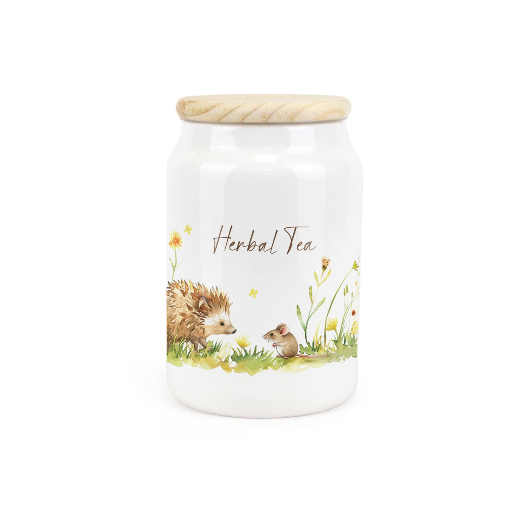 Purely Home Hedgehog & Mouse Ceramic Herbal Tea Storage Canister - Woodland Wildlife & Scenery Artwork Kitchen Food Storage Container & Wooden Lid 600ml (14.5cm x 9.5cm)